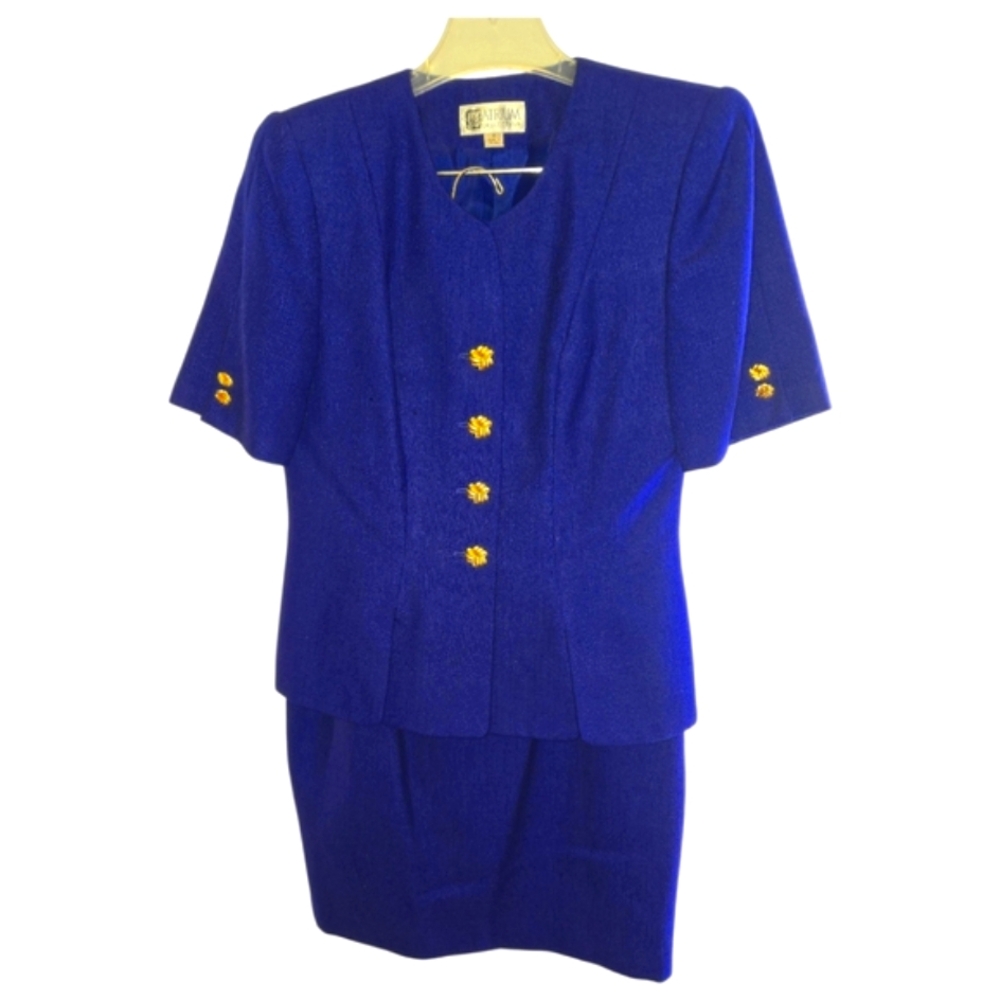 ATRIUM COLLECTIONS VTG 1990'S Blue Blazer And Skirt with Gold Accents SZ 8